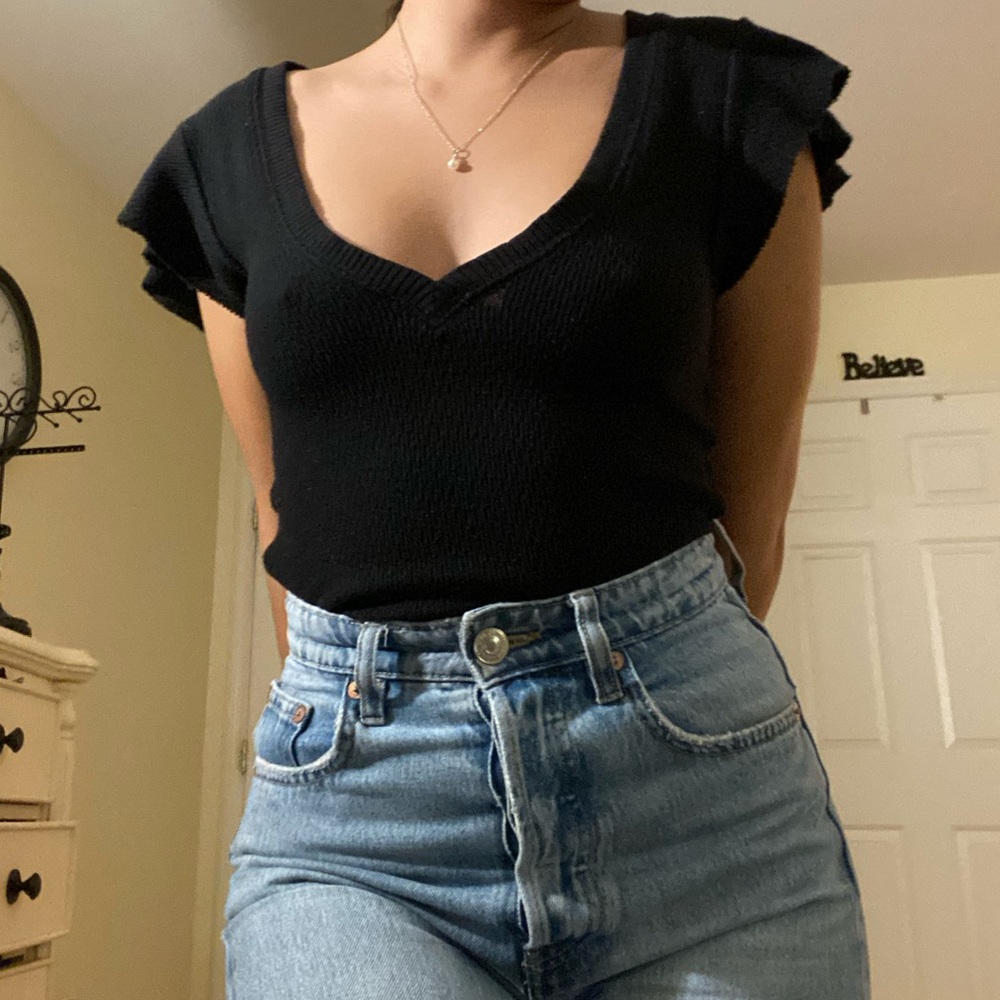 Free People Black Knit Flutter Top